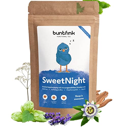 Buntfink „SweetNight“ Abendtee mit Zitronenmelissenblätter, Passionsblumenkraut, Baldrianwurzeln, Ashwaganda, Lindenblüten, Reishipilz, Hopfenzapfen I Schlaftee, 60g loser Kräutertee vor dem Bettgehen von Buntfink