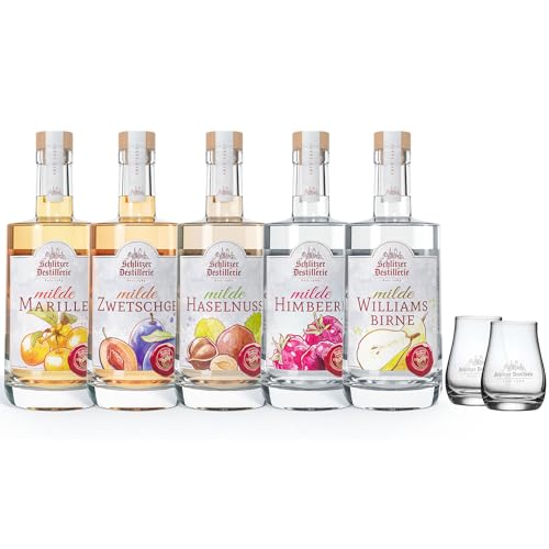 Mildes Schlitzer Spirituosen Set – 5x 0,5L Obstbrände: Marille, Williams, Haselnuss, Himbeere, Zwetschge + 2x Degustationsglas – Geschenkidee für Genießer & Probierfreunde von Burgen Drinks