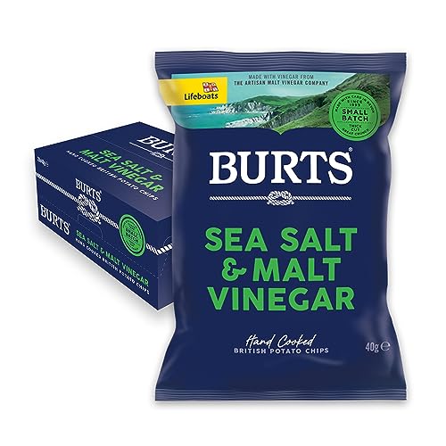 Burts British Potato Chips | Meersalz & Malzessig | Sea Salt & Vinegar | Handfrittierte Kartoffelchips | 1 Karton (20x 40g) von BURTS