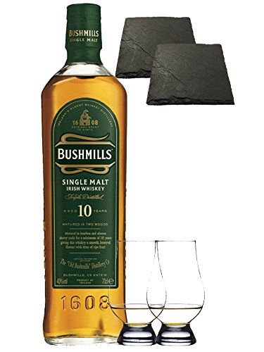 Bushmills 10 Jahre Matured in Two Woods 0,7 Liter + 2 Glencairn Gläser + 2 Schieferuntersetzer quadratisch ca. 9,5 cm von Bushmills