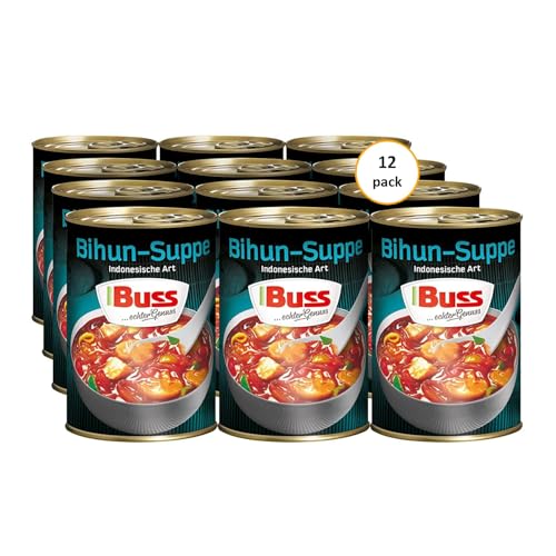 Buss Asia Suppen - Bihunsuppe Original nach indonesischer Art - Milde Asia Suppe mit Paprika, Hühnerfleisch und Glasnudeln - Schnelle Fertiggerichte zum Aufwärmen in Mikrowelle & Topf - 12 x 400g von Buss