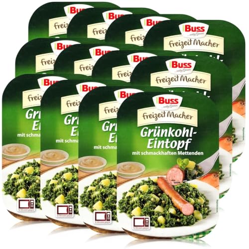 Buss Freizeitmacher Traditioneller Grünkohl Eintopf mit Kartoffeln und Mettenden - Fertiggerichte zum Aufwärmen in Mikrowelle & Topf - Schnell & Einfach Zubereitet - 12 x 300g von Buss