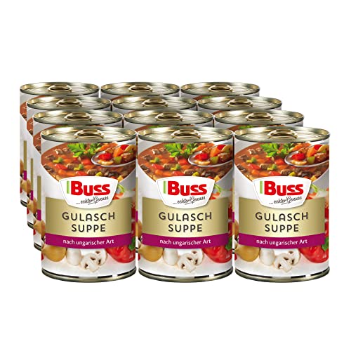 Buss Klassische Suppen - Herzhafte Gulaschsuppe mit Rindergulasch - Suppe ungarischer Art mit Paprika, Champignons & Zwiebeln - Schnelle Fertiggerichte zum Aufwärmen in Mikrowelle & Topf - 12 x 400g von Buss