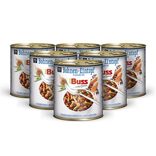 Buss klassischer Bohneneintopf texanischer Art - Pikanter Suppentopf mit Chili Bohnen, Jagdwurst und Karotten - Lang haltbare Fertiggerichte zum Aufwärmen in Mikrowelle & Topf - 6 x 800g von Buss