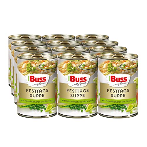 Buss Klassiker - Feine Festtagssuppe mit Fleischklößchen - Leckere Gemüsesuppe mit Eierstich und Nudeln - 12 x 400 g von Buss