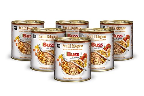 Buss Pasta Gerichte - Fusilli mit köstlicher Bolognese Sauce - Nudeltopf mit Fusilli in Bolognese Soße mit Hackfleisch - Schnelle Fertiggerichte zum Aufwärmen in Mikrowelle & Topf - 6 x 800g von Buss