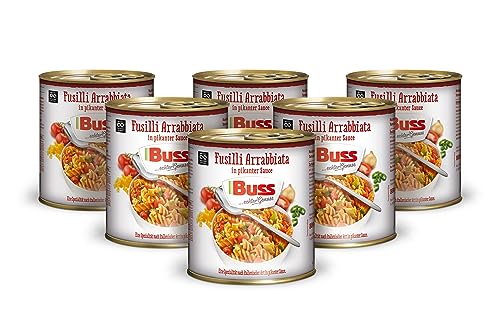 Buss Pasta Gerichte – Fusilli mit pikanter Arrabbiata Sauce - Fertiggerichte für die Mikrowelle – Schnelles Gericht mit Nudeln aus der Konserve - 6 x 800 g von Buss