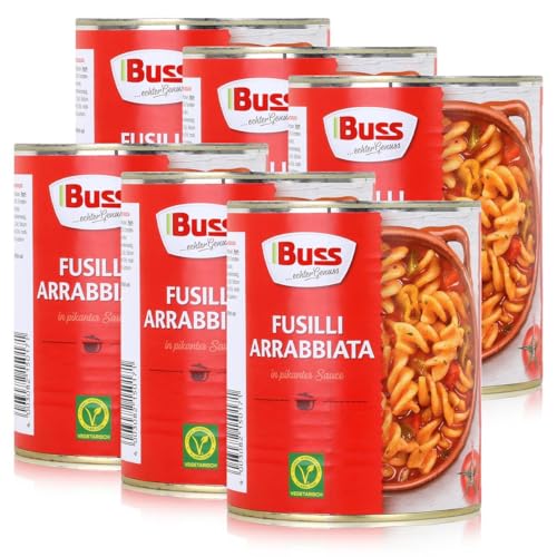 Buss Pasta Gerichte – Fusilli mit pikanter Arrabbiata Sauce - Fertiggerichte für die Mikrowelle – Schnelles Gericht mit Nudeln aus der Konserve - 6 x 800 g von Buss