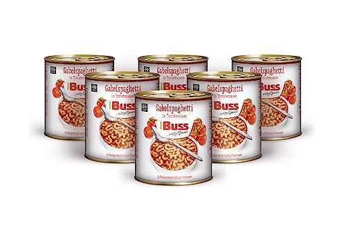 Buss Pasta Gerichte – Spaghetti mit fruchtiger Tomaten-Sauce - Fertiggerichte für die Mikrowelle – Schnelles Gabelspaghetti-Gericht aus Konserven - 6 x 800 g von Buss