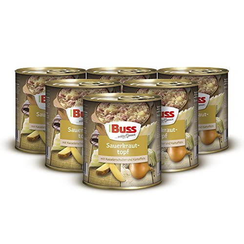 Buss Rustikale Gerichte - Sauerkrauttopf mit Kassler und Kartoffeln - Lang haltbare Fertiggerichte zum schnellen Aufwärmen in Mikrowelle & Topf - 6 x 800g von Buss