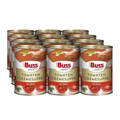 Buss Klassische Suppen - Tomatensuppe verfeinert mit Sahne - Lecker-Fruchtige Tomatencremesuppe - Schnelle vegetarische Fertiggerichte zum Aufwärmen in Mikrowelle & Topf - Lange haltbar - 12 x 400g von Buss