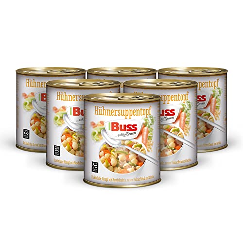 Buss klassische Hühnersuppe - Deftiger Suppentopf mit Hühnerfleisch, Muschelnudeln und Gemüse - Lang haltbare Fertiggerichte zum Aufwärmen in Mikrowelle & Topf - 6 x 800g von Buss