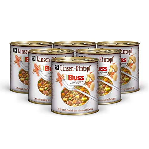 Buss klassischer Linseneintopf - Würzig leckerer Suppentopf mit Linsen, Gemüse und magerem Schweinefleisch - Lang haltbare Fertiggerichte zum Aufwärmen in Mikrowelle & Topf - 6 x 800g von Buss