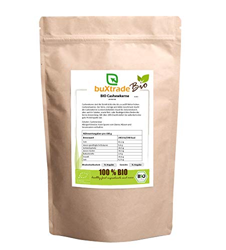 BIO Cashewkerne | Nüsse | Cashew | Bio Qualität | unbehandelt | ungesalzen | ohne Zusätze | Verschiedene Mengen (1 kg / (EUR 18,50 / kg)) von Buxtrade