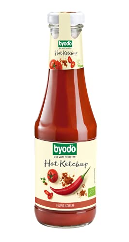 Byodo Bio Hot Ketchup, Extra Scharf mit Feurigen Chilis, Fruchtig-Scharfer Tomatengenuss aus Sonnenverwöhnten Bio-Tomaten, Ohne Bindemittel, Perfekt für Grillen & Pommes, 500 ml Flasche von Byodo