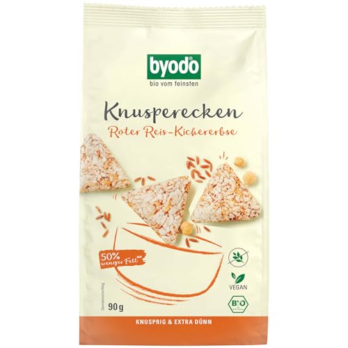 Byodo Bio Knusperecken Roter Reis-Kichererbse - Vegan & Glutenfrei | Nussig-Orientalischer Snack | 50% Weniger Fett | Ideal für Hummus & Curry-Mango Sauce | 90g | Knusprig, Hefefrei, Ohne Zuckerzusatz von Byodo