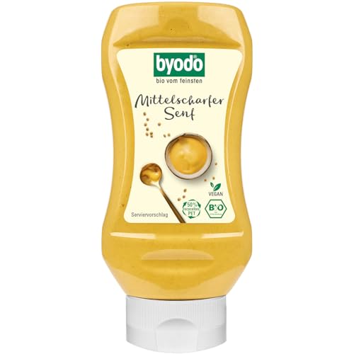 Byodo Bio Mittelscharfer Senf in PET-Flasche, 6 x 300 ml - 100% Bio-zutaten, Cremig & Würzig, Nachhaltigkeit, Optimal für Kühlschrankaufbewahrung, Byodo Qualitätsversprechen von Byodo