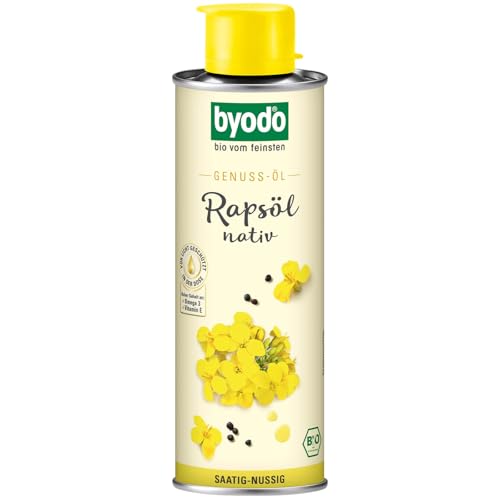 Kaltgepresstes Bio Rapsöl von Byodo - 6 x 250 ml Dose, Nussiger Geschmack, 100% reines Bio-Öl, Reich an ungesättigten Fettsäuren, Vegan, Vielseitig einsetzbar von Byodo