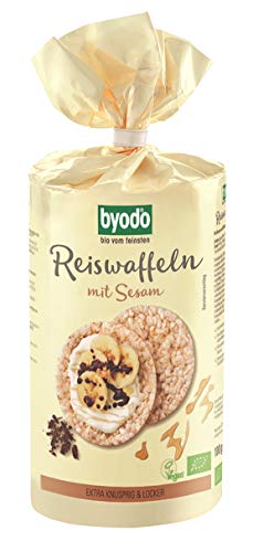 Bio Reiswaffeln mit Sesam 100g - Byodo | Vegan & Glutenfrei | Leicht-nussiger Geschmack | Lange Haltbarkeit durch Frische-Folie | Ideal als Snack oder zu Salaten | Hergestellt aus Bio-Reis und Sesam von Byodo