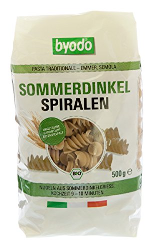 Bio Emmer Spiralen 500g - Byodo, 100% Sommerdinkel, Gold-Braune Farbe, Nussiger Geschmack, Perfekter Al Dente Biss, 9-10 Minuten Kochzeit, Mit Bronzematrizen hergestellt - Bio Pasta von Byodo