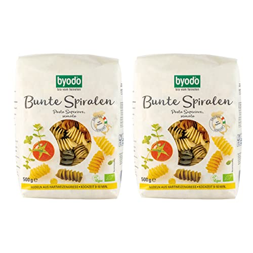 Byodo Bio Bunte Spiralen, 2x500g - Italienische Hartweizengrieß Pasta mit Bio-Spinat & Tomatenpulver, Traditionelle Bronze-Matrizen, Bio-Zertifiziert, Perfekter Al Dente Genuss, Kochzeit 9-10 Min von Byodo