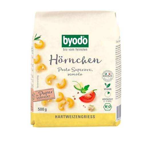 Bio Hörnchen Semola Nudeln 0,5 kg 6er Pack - Byodo, 100% Bio-Hartweizengrieß, Bronze-Matrizen, 8-9 Min Kochzeit, Umweltfreundliche Papierverpackung, Ideal für Pasta-Liebhaber von Byodo