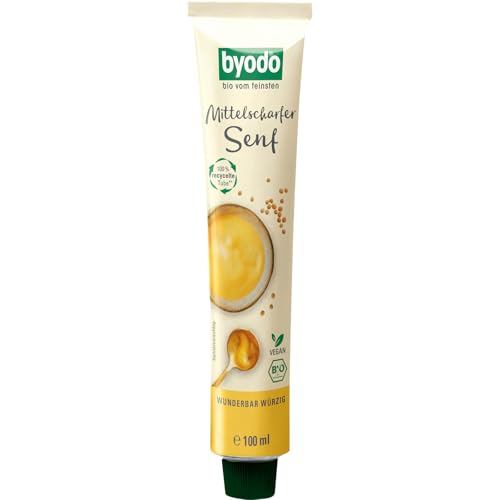Bio-Senf mittelscharf 8er Pack - Byodo | 8 x 100 ml | 100% Bio-Zutaten | Cremig & Würzig | Umweltfreundliche Aluminium-Tube | Ideal für Küche & Grill von Byodo