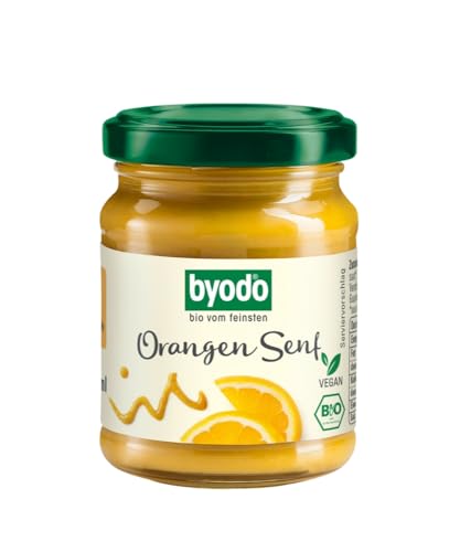 Byodo Bio Orangen Senf, Herrlich Cremig mit Zitrusnote, Vegan & Vegetarisch, Perfekt für Fruchtige Salatsaucen & Ziegenkäse, Aus 100% Bio-Zutaten, Dezente Senfschärfe, 125 ml Glas von Byodo