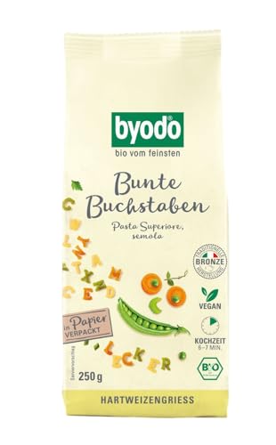 Byodo Pasta Bunte Buchstaben 250g - Bio Hartweizengrieß Naturspeise, Italiener Qualität, Vegetarisch, mit Bio-Spinat & Tomatenpulver, Traditionelle Bronze-Matrizen von Byodo