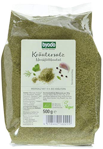 Byodo Bio Kräutersalz, Intensiv Grüne Farbe & Herausragender Kräutergeschmack, Mit 7 Aromatischen Bio-Kräutern, Feinkörnig & Nicht Jodiert, Vegan & Vegetarisch, Ohne Zuckerzusatz, 500g Beutel von Byodo