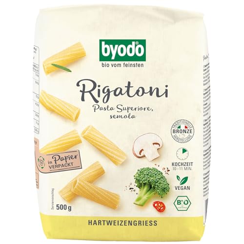 Byodo Bio Rigatoni aus Hartweizengrieß, 500g - Geriffelte Röhrennudeln, mit Bronze-Matrizen Hergestellt, Perfekter Al Dente Biss, Ideal für Italienische Gerichte von Byodo