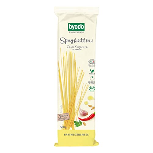Byodo Bio-Spaghettini, hell, 500g Packung - Extra dünne Pasta für Feinschmecker, 100% Bio-Hartweizengrieß, vegan, vegetarisch, ohne Zuckerzusatz, kurze Kochzeit von Byodo