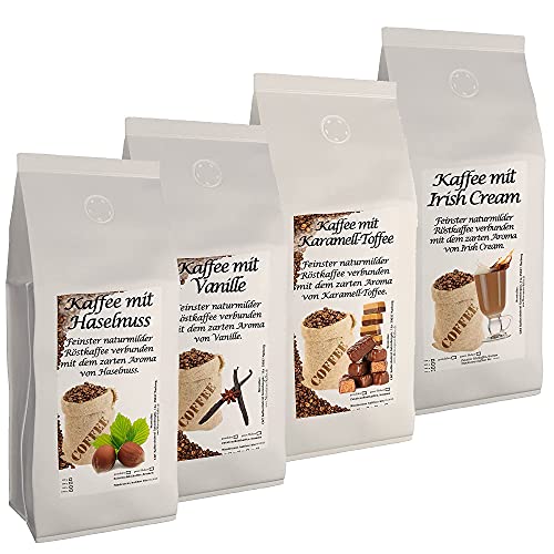 4 x 500g der leckersten Aromakaffee-Sorten Haselnuss, Irish Cream, Vanille, Karamell Toffee ganze Bohne von C&T