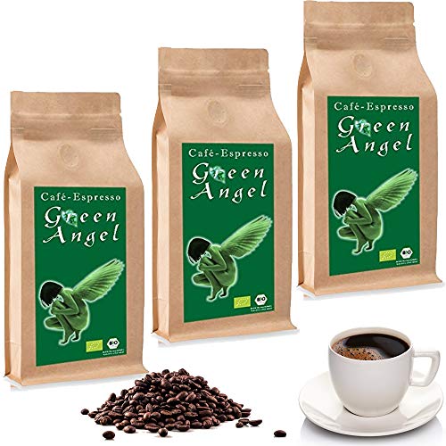 C&T BIO Green Angel Espresso Deluxe 3 x 1000 g ganze Kaffeebohnen - der Fruchtige - Ökologischer Kaffee aus der beliebten Espresso Angel Serie von C&T