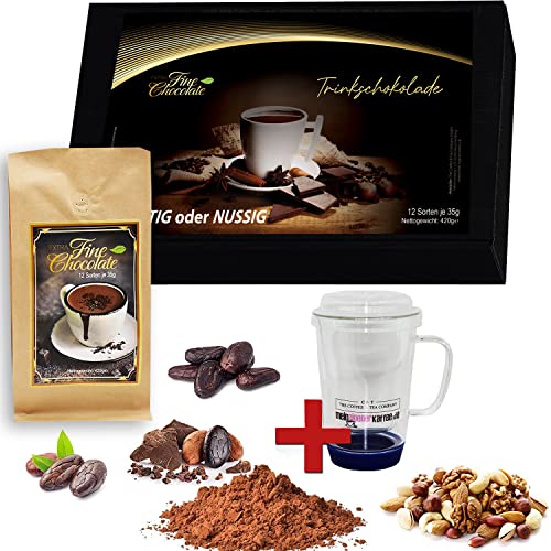 C&T Trinkschokolade Kakao Geschenk-Set | 12x nussige Sorten italienische heiße Schokolade + gratis Trinkglas | Trinkschoko Set in präsentfertiger Geschenk-Box von C&T