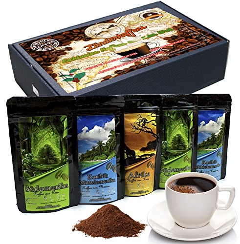C&T Kaffee Geschenk-Set (Gemahlen) | 5 x 65g Länder Kaffee aus aller Welt | + Mexiko + Brasilien + Peru + Honduras + Kenia | Bereits in Geschenkbox verpackt von C&T