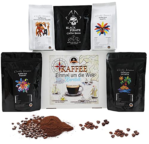 Kaffee "Einmal um die Welt" - Karibik Box - 5 ausgefallene Kaffee Sorten - 4 x 100 g + 1 x 65 g (Ganze Bohne) von C&T