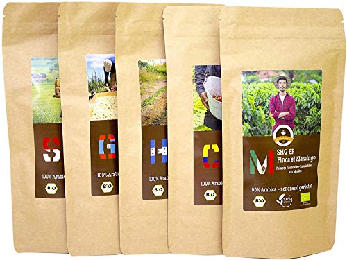 Kaffee Globetrotter - Bio 5 x 1 kg Sparpaket Probierpaket (Ganze Bohnen) - für Vollautomaten - 5 Sorten Raritäten Spitzenkaffee aus Biologischem Anbau (Ganze Bohnen) von C&T