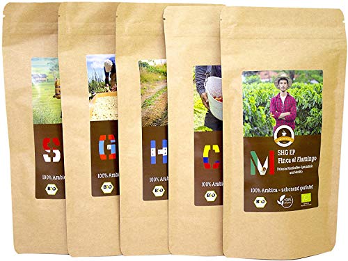 Kaffee Globetrotter - Bio 5 x 1 kg Sparpaket Probierpaket (Gemahlen) - für Vollautomaten - 5 Sorten Raritäten Spitzenkaffee aus Biologischem Anbau von C&T