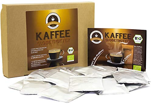 Kaffee Globetrotter - Bio-Box - Mit 25 Kaffeepads für Senseo ®-Maschinen aus 5 Sorten Single-Origin Spitzenkaffee - Kaffee Weltreise als Geschenk für Weihnachten, Geburtstag, Probierset von C&T