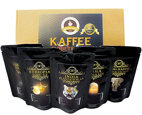 Kaffee Globetrotter - Echte Raritäten - Box (Ganze Bohne) - 5 Mal 100g Raritäten Spitzenkaffee - Werden Sie Zum Entdecker - Geschenk Set - Länder Kaffee aus aller Welt - Kaffeebohnen im Geschenkkarton von C&T