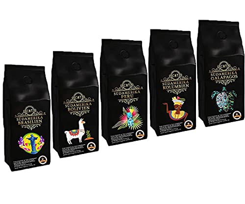 Länder Kaffee Geschenk Set " Südamerika " , Kaffeebohnen frisch geröstet 5 x 500 g Sparpreispaket Gemahlen von C&T