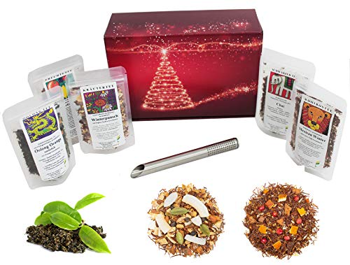 Tee Geschenk Set Probierpaket im weihnachtlichen Geschenkpaket mit 5 x 25 g Weihnachtstees und Edelstahl-Teefilter | Tee Geschenk Set Weihnachten Nikolaus von C&T