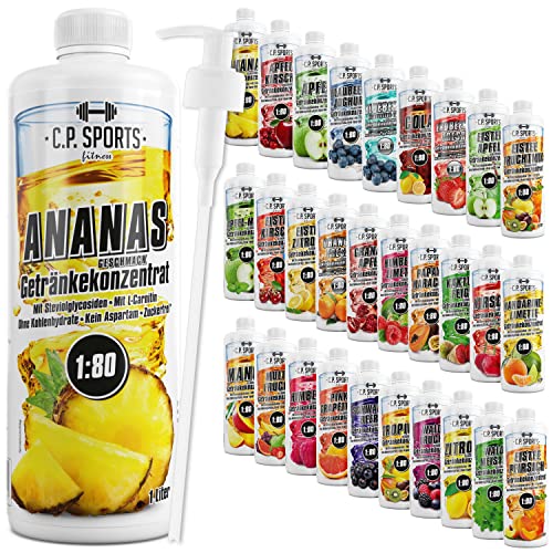 C.P. Sports Getränkesirup für Mineraldrink I Sirup zuckerfrei für Vital-Drink ANANAS mit Vitaminen I Getränkekonzentrat zum Mischen mit Wasser für Sport-Getränk I 1 Liter + Pumpspender von C.P.Sports