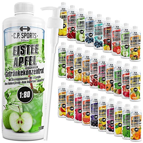 C.P. Sports Getränkesirup für Mineraldrink I Sirup zuckerfrei für Vital-Drink EISTEE-APFEL mit Vitaminen I Getränkekonzentrat zum Mischen mit Wasser für Sport-Getränk I 1 Liter + Pumpspender von C.P.Sports