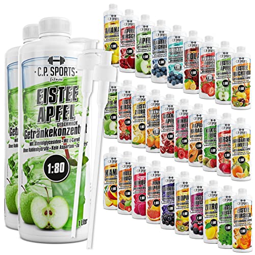 C.P. Sports Getränkesirup für Mineraldrink I Sirup zuckerfrei für Vital-Drink EISTEE-APFEL mit Vitaminen I Getränkekonzentrat zum Mischen mit Wasser für Sport-Getränk I 2 Liter + 2 Pumpspender von C.P.Sports