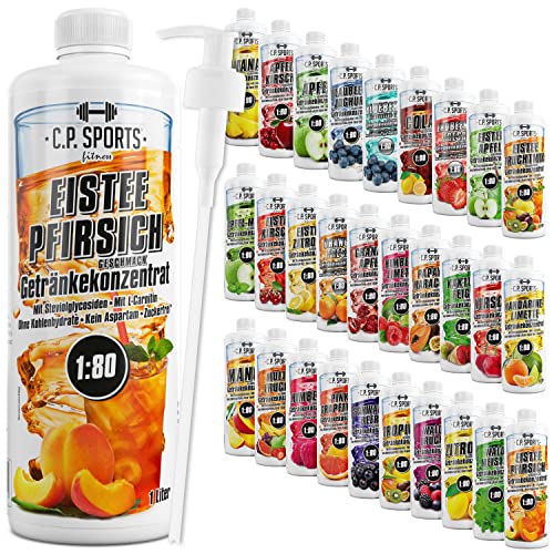 C.P. Sports Getränkesirup für Mineraldrink Sirup zuckerfrei für Vital-Drink EISTEE-PFIRSICH mit Vitaminen Getränkekonzentrat zum Mischen mit Wasser für Getränk 1 Liter + Pumpspender von C.P.Sports