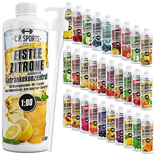 C.P. Sports Getränkesirup für Mineraldrink I Sirup zuckerfrei für Vital-Drink EISTEE-ZITRONE mit Vitaminen I Getränkekonzentrat zum Mischen mit Wasser für Sport-Getränk I 1 Liter + Pumpspender von C.P.Sports