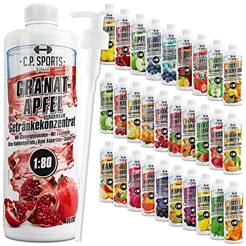 C.P. Sports Getränkesirup für Mineraldrink I Sirup zuckerfrei für Vital-Drink GRANATAPFEL mit Vitaminen I Getränkekonzentrat zum Mischen mit Wasser für Sport-Getränk I 1 Liter + Pumpspender von C.P.Sports