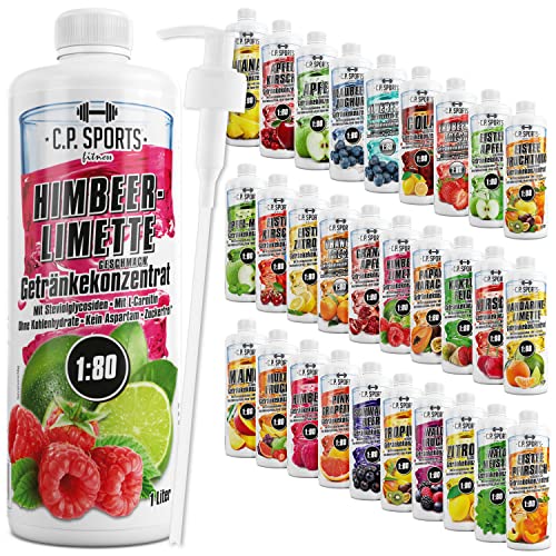 C.P. Sports Getränkesirup für Mineraldrink I Sirup zuckerfrei für Vital-Drink HIMBEER-LIMETTE mit Vitaminen I Getränkekonzentrat zum Mischen mit Wasser für Sport-Getränk I 1 Liter + Pumpspender von C.P.Sports
